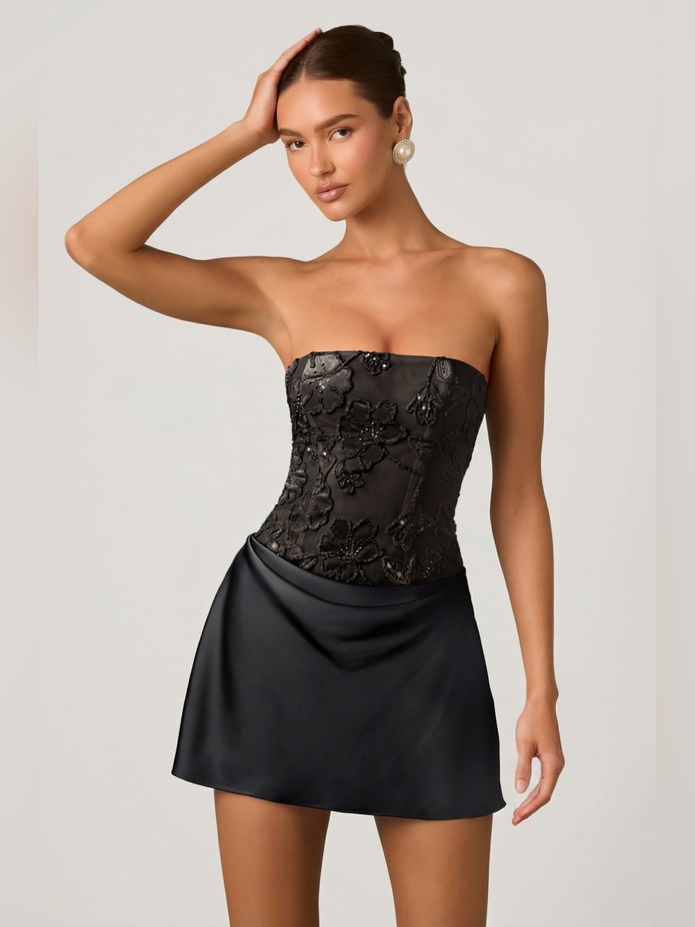 NEW Oh Polly Eden Black Floral Embellished Velvet Draped A-line Mini Dress